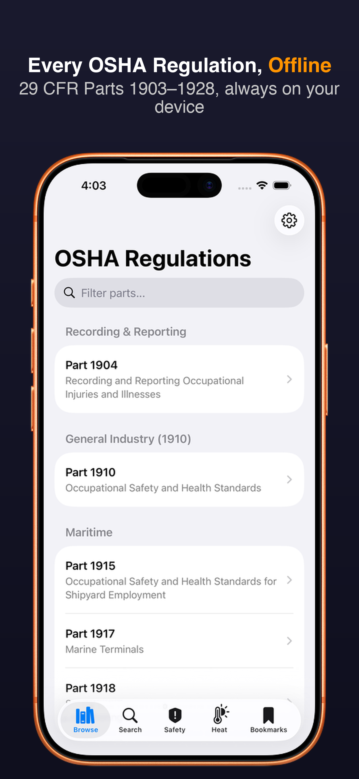 OSHA Reference app screenshot showing regulation browse